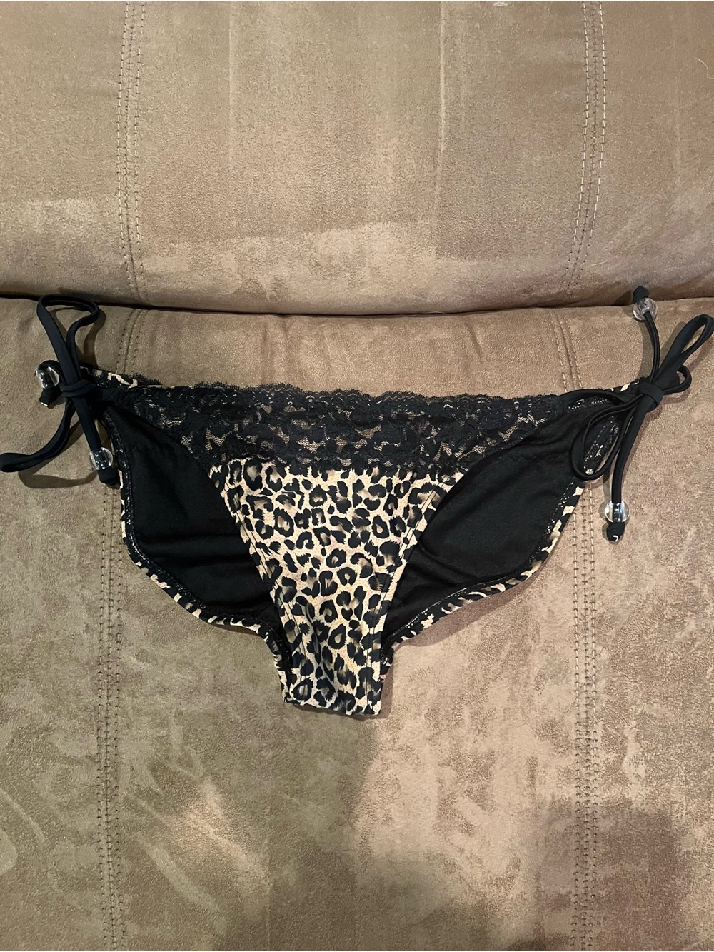 Leopard Lace Trim Side-Tie Bikini Bottoms - Black/Beige